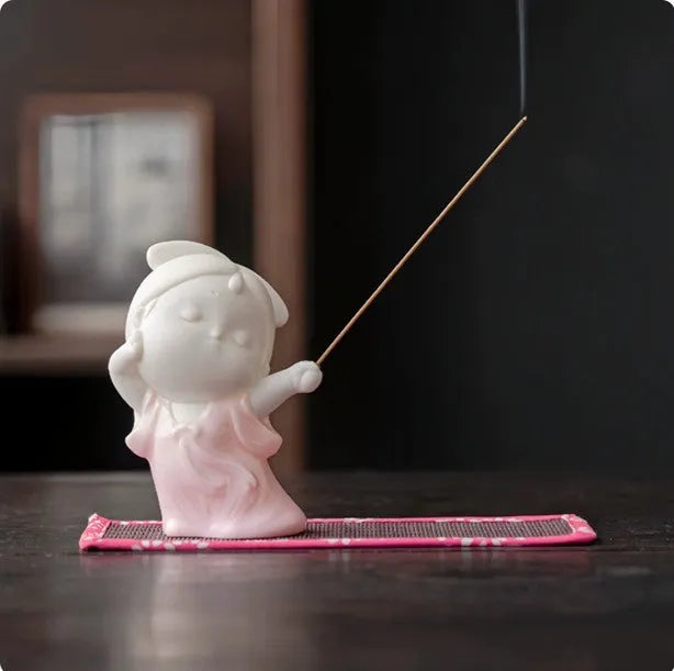 Ceramic cute female court attendant incense burner decoration in Qingge red colour.