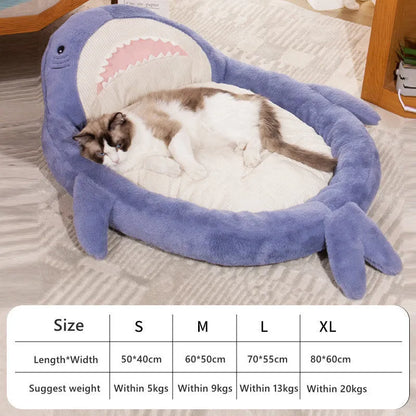 Blue shark pattern pet bed for dogs with soft velvet fabric and anti-slip base.