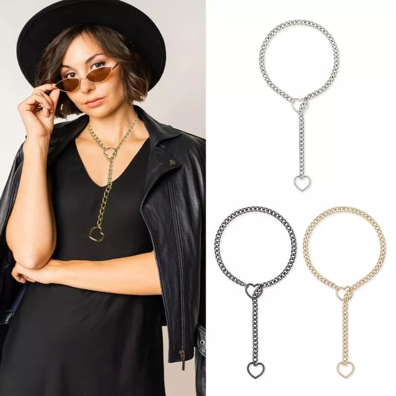 Stainless steel lariat heart necklace with heavy ring and Cuban chain in multiple finishes