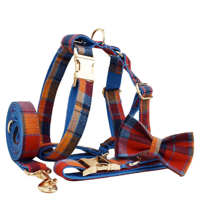Four-piece dog accessory set with collar, leash, bow tie and vest in cloth fabric