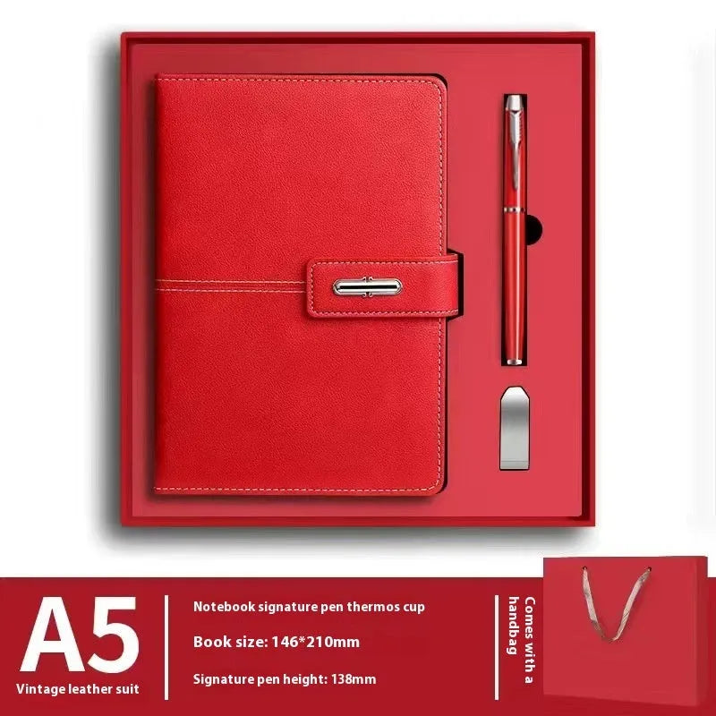 A5 notebook with imitation leather cover in a choice of colours including black, red, green, blue, and orange.