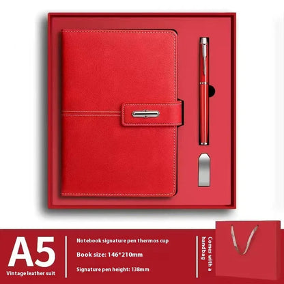 A5 notebook with imitation leather cover in a choice of colours including black, red, green, blue, and orange.