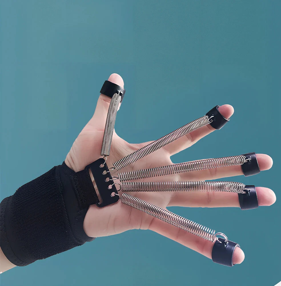 Finger exercise tension equipment with spring steel construction showing three resistance levels