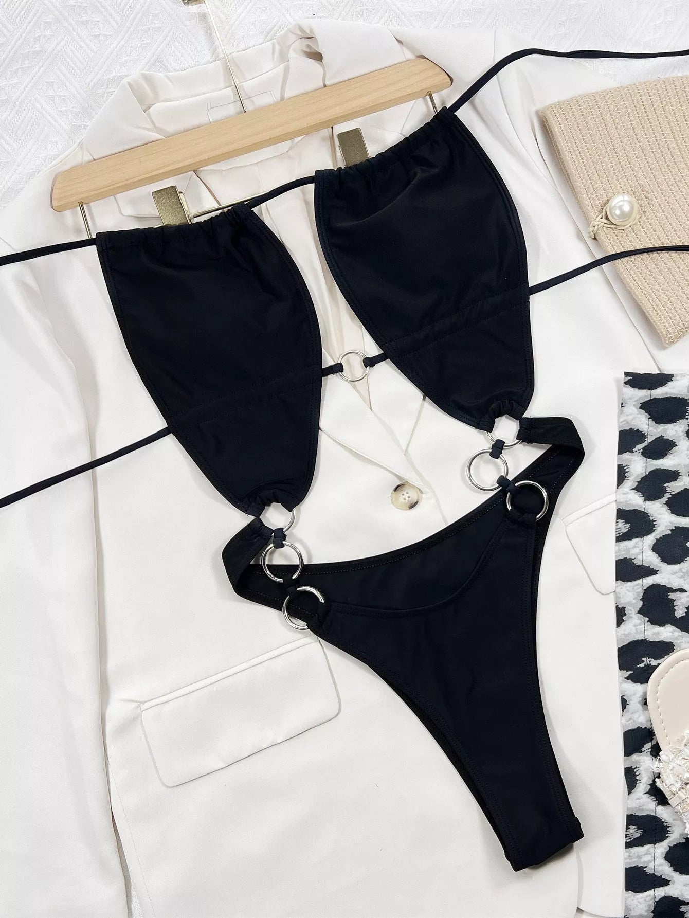 Steel Ring Women's One-piece Swimming Suit in solid black, made from 100% nylon