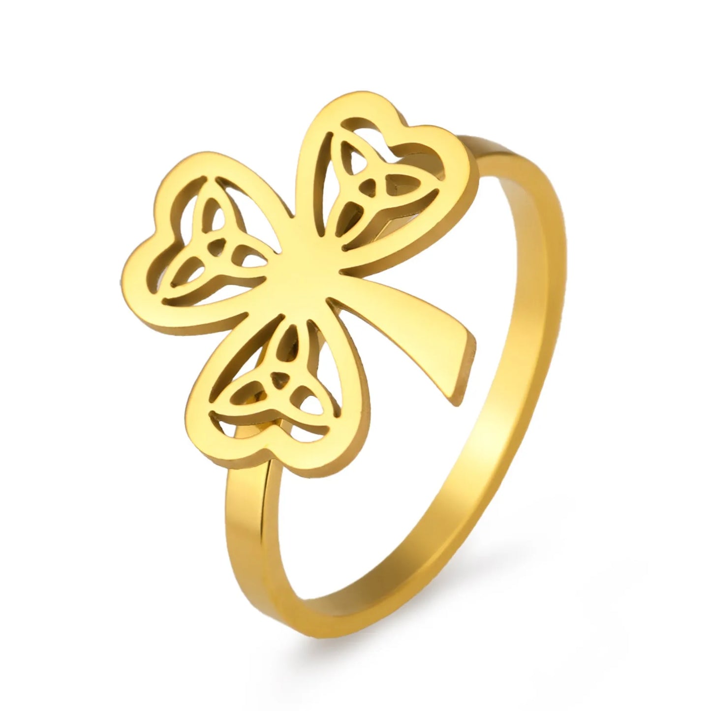 Stainless steel lucky ring with hollow band in gold or steel colour finish.