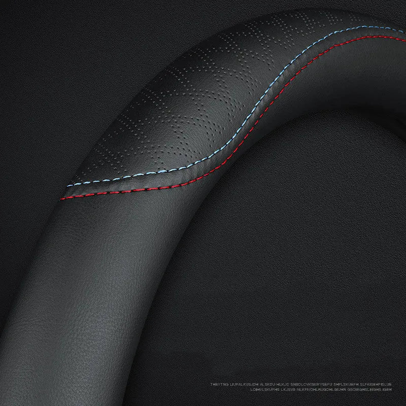 Black two-tone Napa leather steering wheel cover with 38cm diameter for Suzuki vehicles
