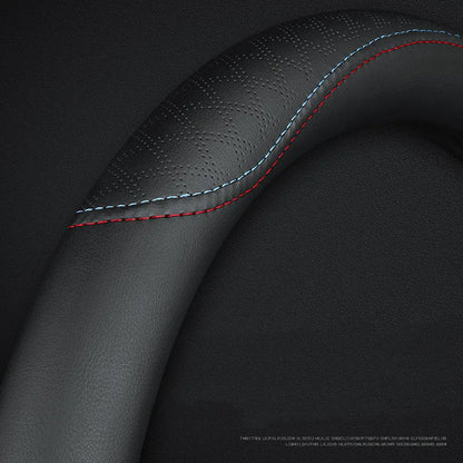 Black two-tone Napa leather steering wheel cover with 38cm diameter for Suzuki vehicles