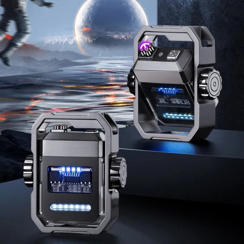 Pulse Lighter showing double arc flame, mechanical gyroscope, and folding zinc alloy body in blue colour