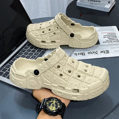 Men's sand-coloured EVA slippers with thick non-slip sole and toe-holder design.