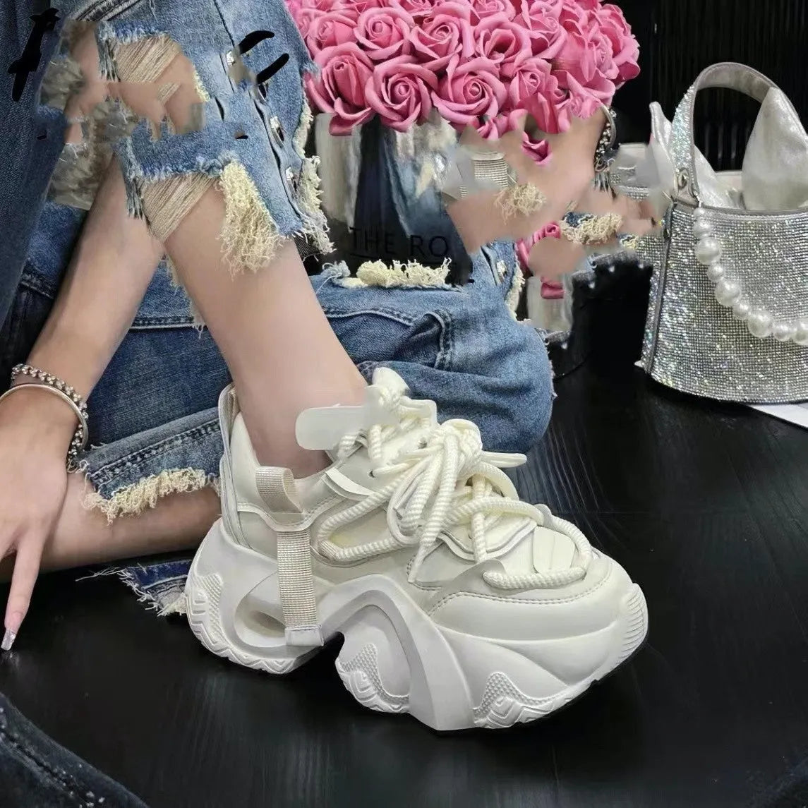Women's creamy white wedge sneakers with cross straps, 6-8cm heel, and waterproof platform