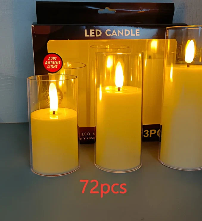 Electric candle lamp with LED flame simulation in cup design, available in 5.5cm and 7.5cm sizes