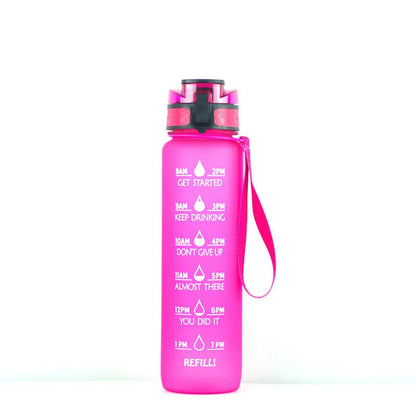 Transparent 1000ml Tritan sports water bottle with infuser on a plain background