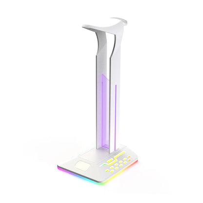 RGB headphone bracket with dual USB ports and colour changing LED lighting on acrylic stand