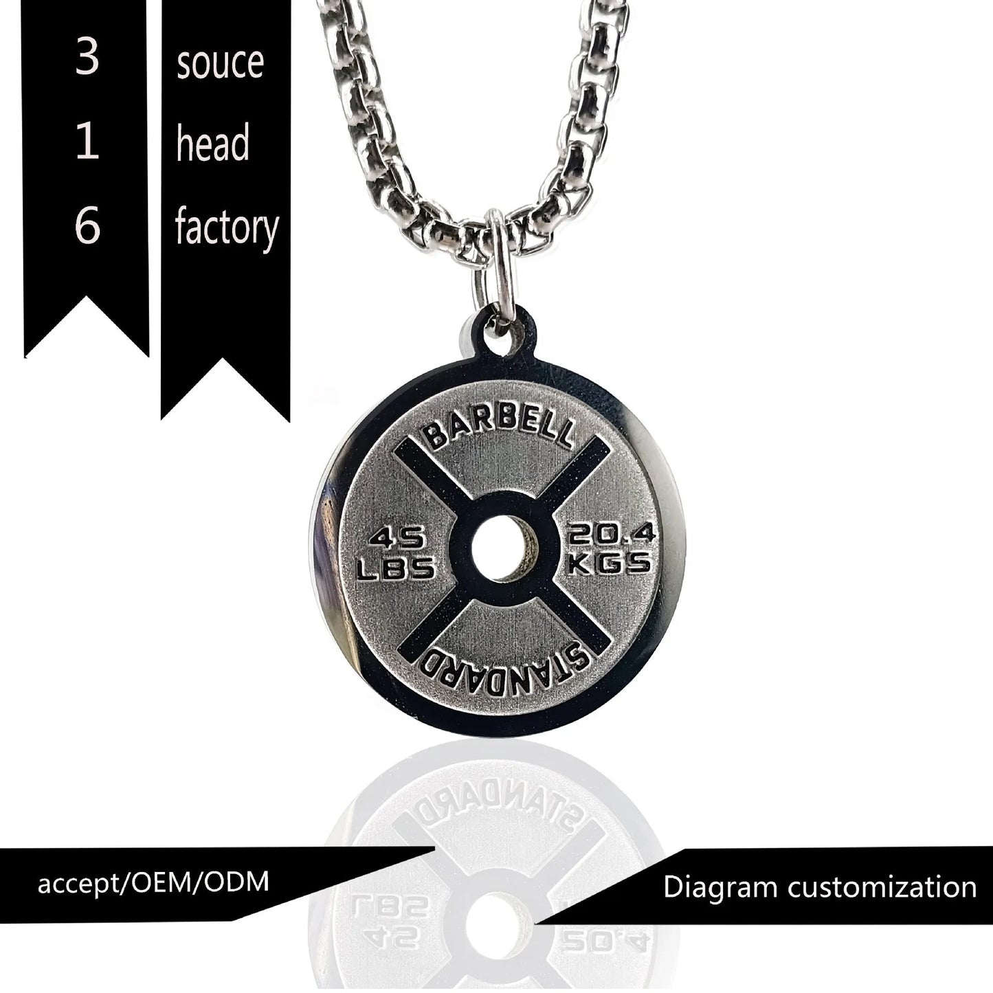 Stainless steel barbell disk geometric pendant necklace with polished finish and chain options