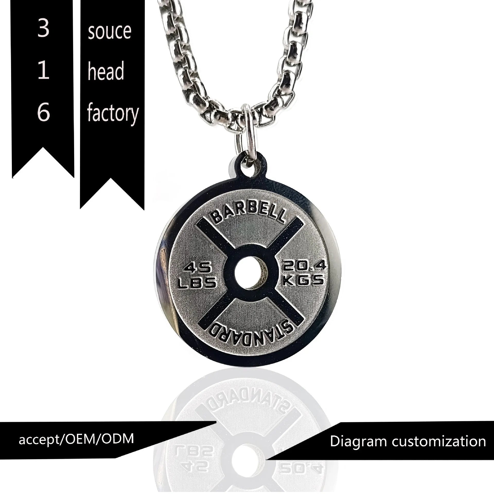 Stainless steel barbell disk geometric pendant necklace with polished finish and chain options