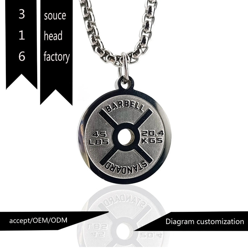 Stainless steel barbell disk necklace with polished finish in four chain options including black 60cm chain, gold 60cm chain, pearl chain, or single pendant without chain for sports fitness jewellery with geometric personality style