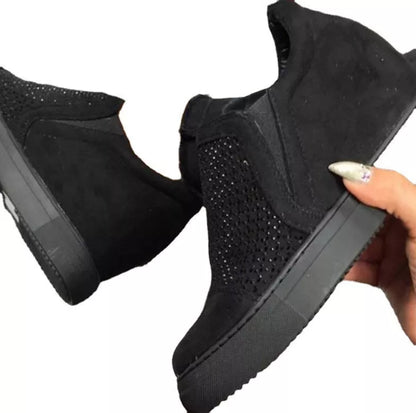 Idle Rhinestone Hollow Loafers for Women in black, purple, grey, and light blue with high heel and waterproof platform