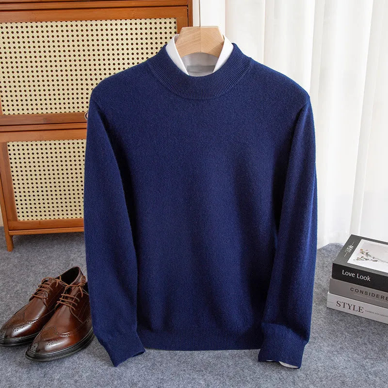 Men's half-collar wool sweater in loose fit with rough yarn texture, shown in winter business style