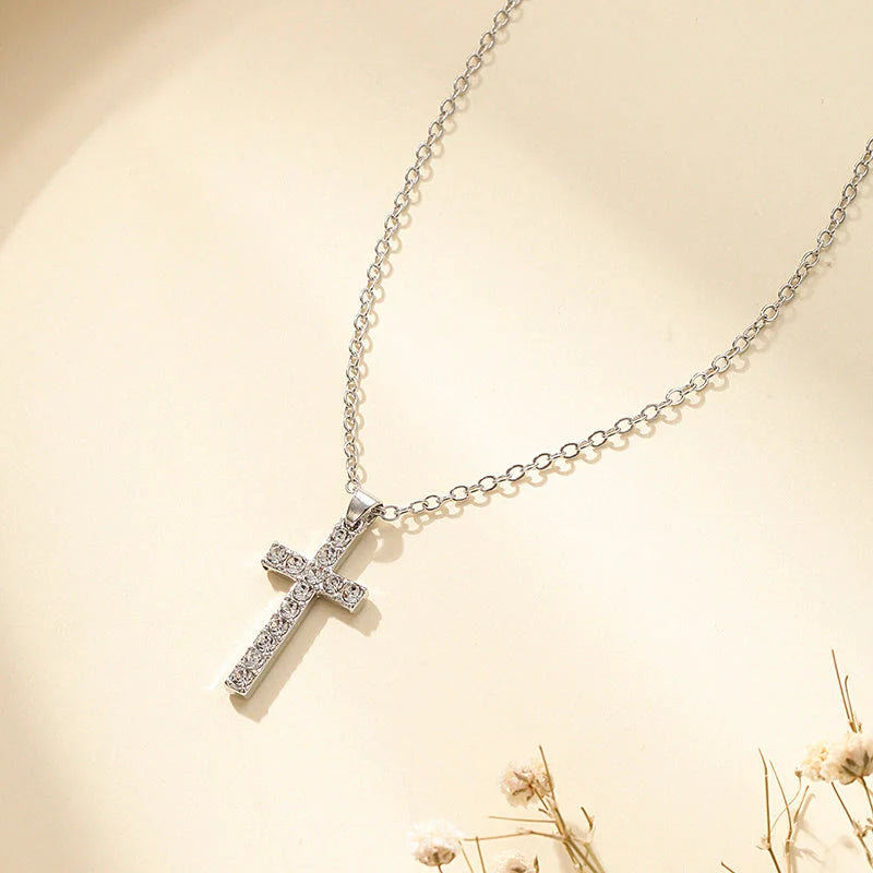 Silver Jesus Cross Necklace with geometric design on clavicle chain