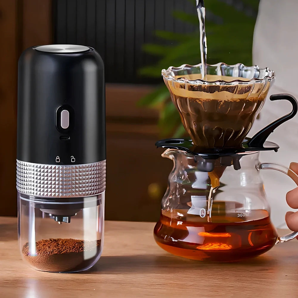 Black electric ceramic coffee grinder with USB port, measuring 18.8x7.5cm