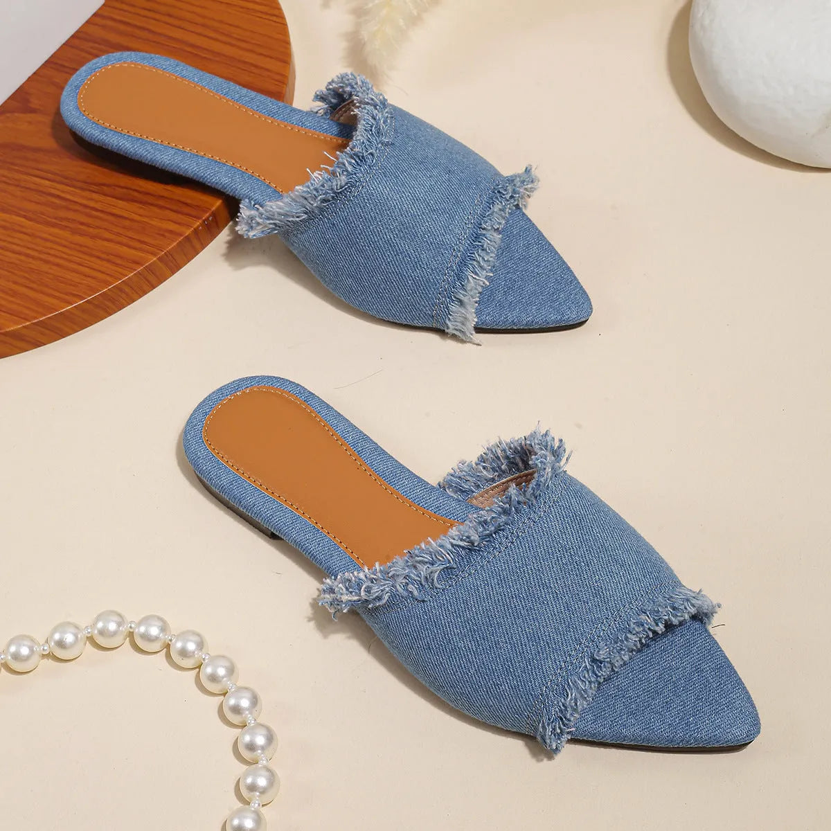 Women's denim casual slippers with tassel detail in various colours