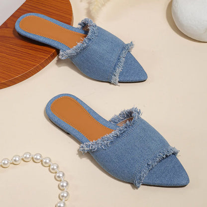 Women's denim casual slippers with tassel detail in various colours