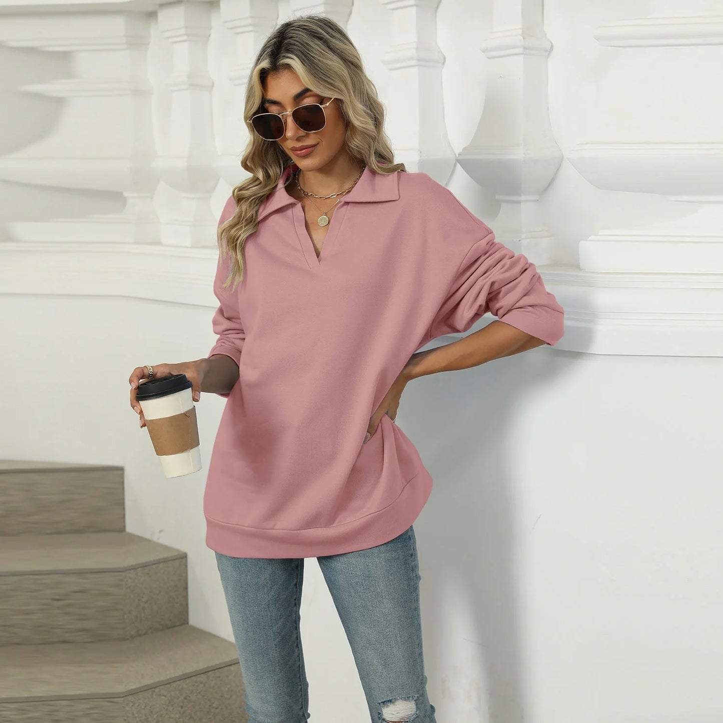 Stylish women's V-neck lapel sweatshirt in various colors