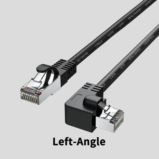 Black Cat6 Ethernet cable with a right-angled metal RJ45 connector, showing the 90-degree bend and cable length.