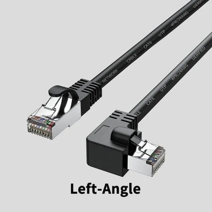 Black Cat6 Ethernet cable with a right-angled metal RJ45 connector, showing the 90-degree bend and cable length.