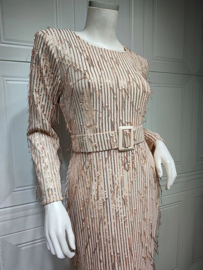 Sequin Tassels Slim-fit Muslim Dress in gold and silver with unique detailing