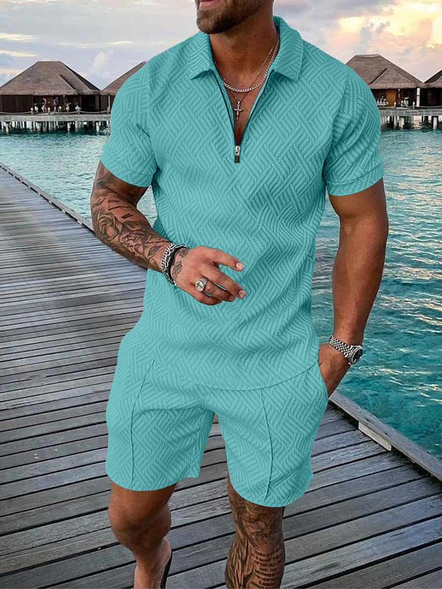 Men's casual color contrast polo zip lapel shirt short sleeve suit in various colors