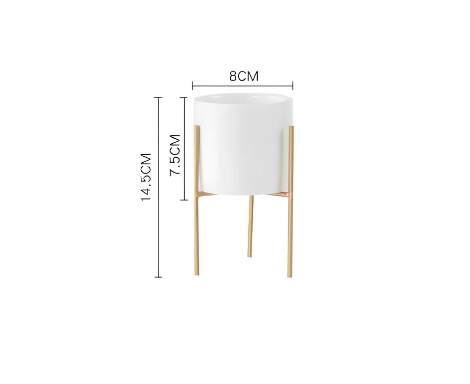 Black iron frame succulent flowerpot with white ceramic insert showing 12.5cm and 16.5cm size options