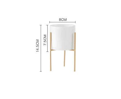 Black iron frame succulent flowerpot with white ceramic insert showing 12.5cm and 16.5cm size options