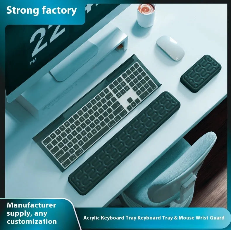 Double-sided memory foam keyboard and mouse desk pad set with gel wrist support pillow.