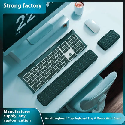 Double-sided memory foam keyboard and mouse desk pad set with gel wrist support pillow.