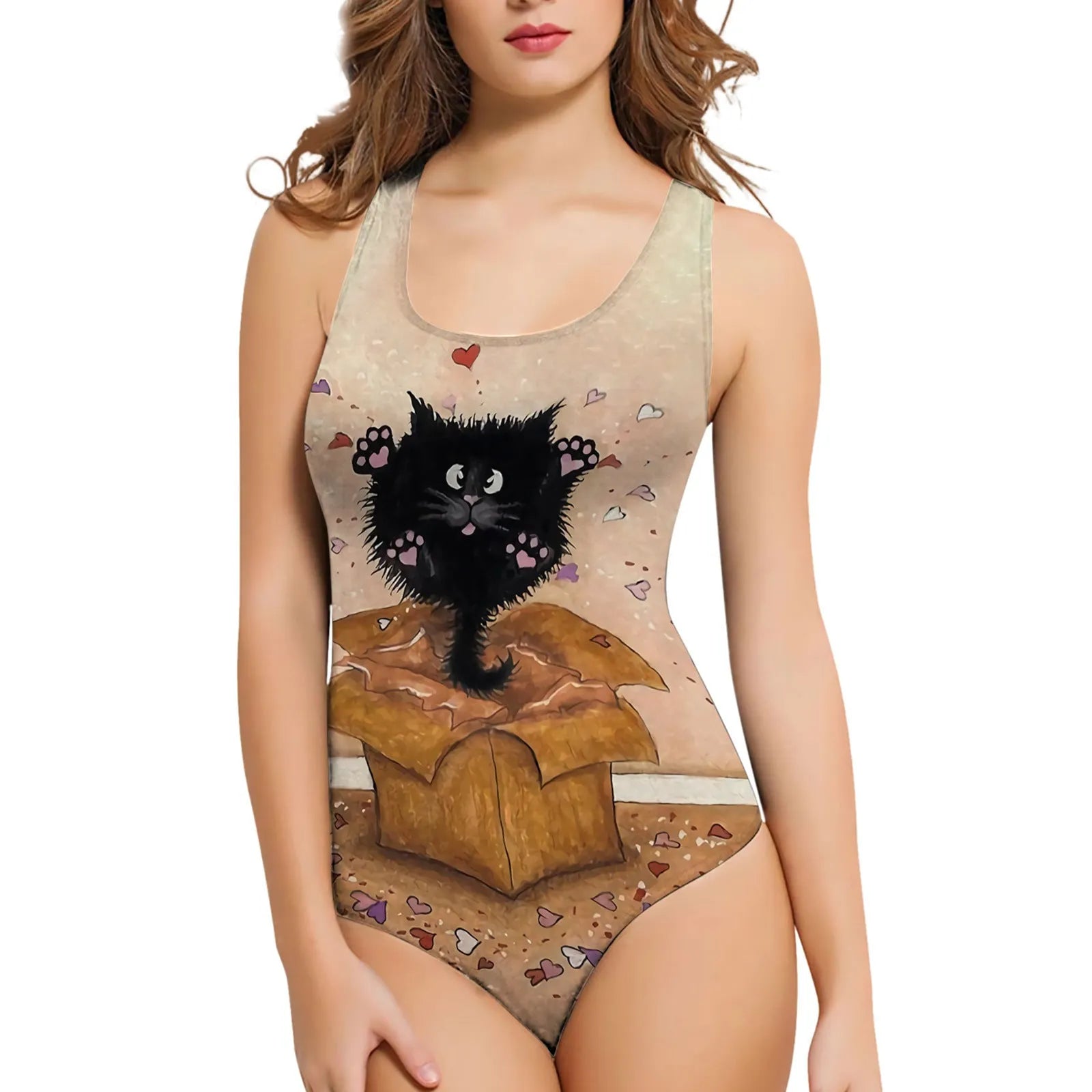 Women's sleeveless one-piece swimsuit with 3D printed sunflower pattern, available in sizes S to XL