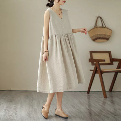 Japanese cotton linen sleeveless summer dress in green and beige with V-neck design