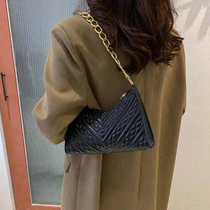 Brown pleated chain baguette shoulder underarm bag with adjustable strap and soft carry handle