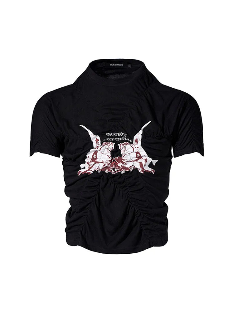 Black Korean style slim fit men's T-shirt with printed design and short sleeves