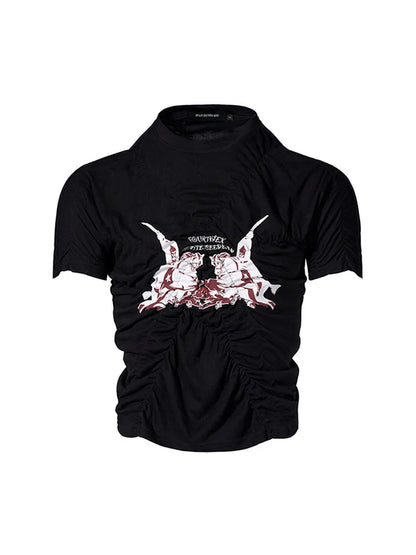 Black Korean style slim fit men's T-shirt with printed design and short sleeves