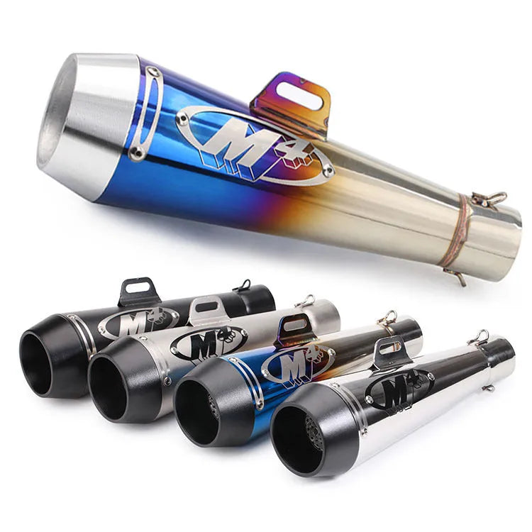 Universal M4 motorcycle exhaust pipe in various finishes including black, titanium, and half blue with back pressure options