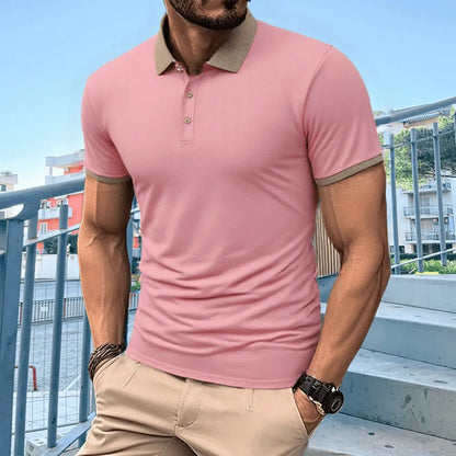 Summer polo shirt in ice silk fabric with printed flocking design on front, short sleeves