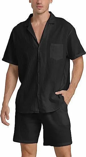Men's light grey flax linen short-sleeved top and shorts summer sports suit