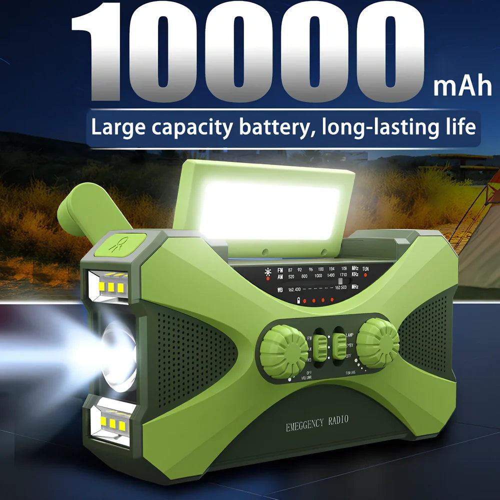 Green 3-in-1 portable emergency radio with hand crank, solar panel, reading lamp, and telescopic antenna