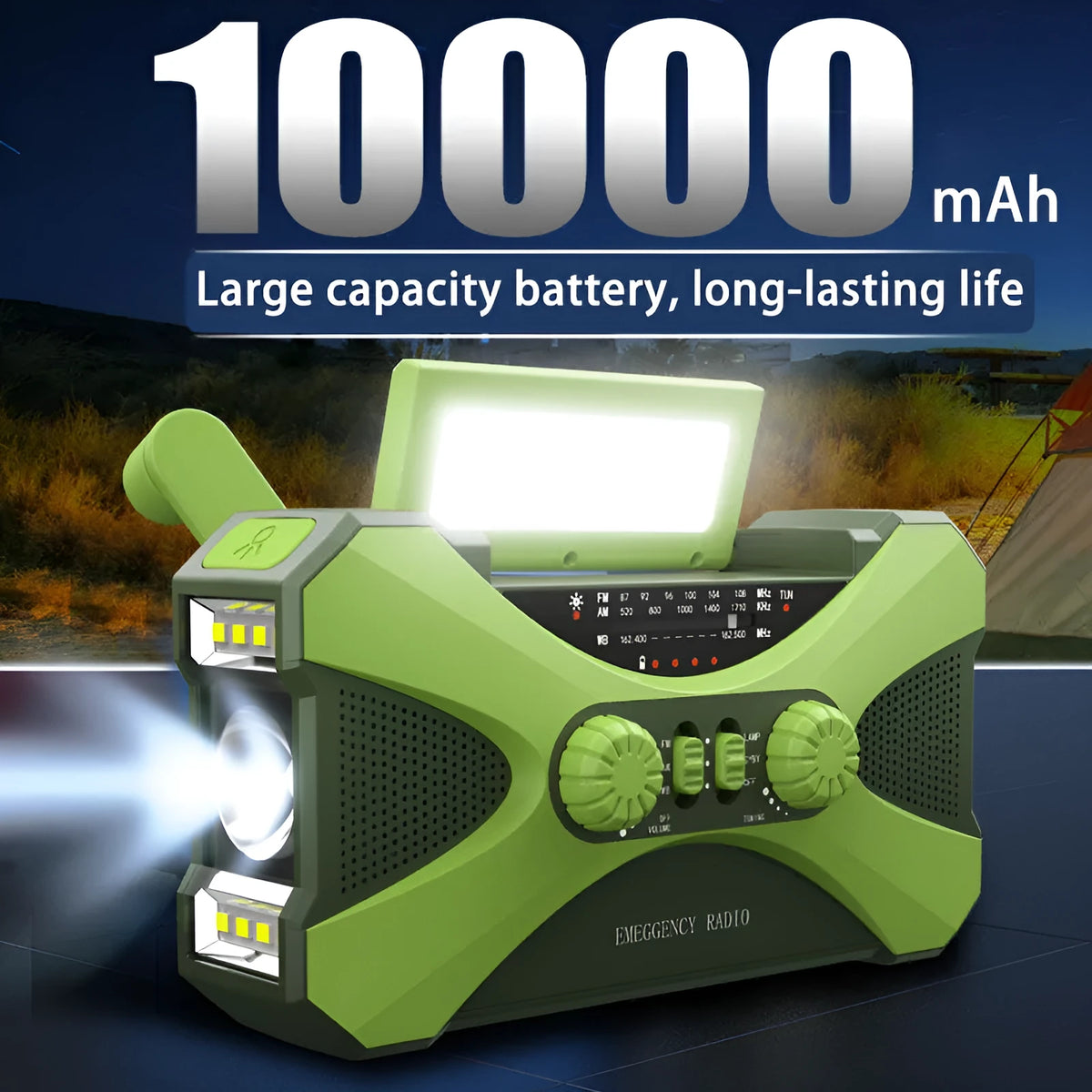 3-in-1 portable emergency radio in green or orange, 8cm x 9.5cm x 6.5cm, with hand crank, solar charging and 10000mAh power bank.