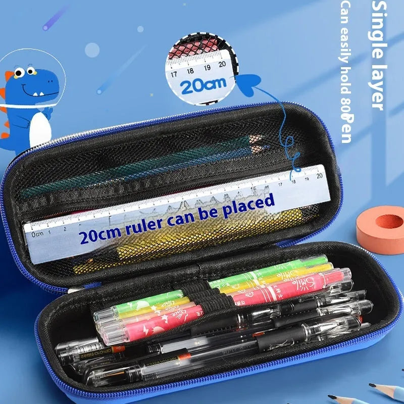 Leather 3D pencil case showing design themes: dinosaur, astronaut, mermaid, unicorn, and spaceship.