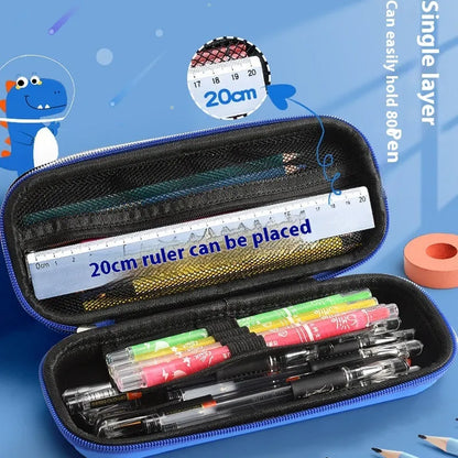 Leather 3D pencil case showing design themes: dinosaur, astronaut, mermaid, unicorn, and spaceship.