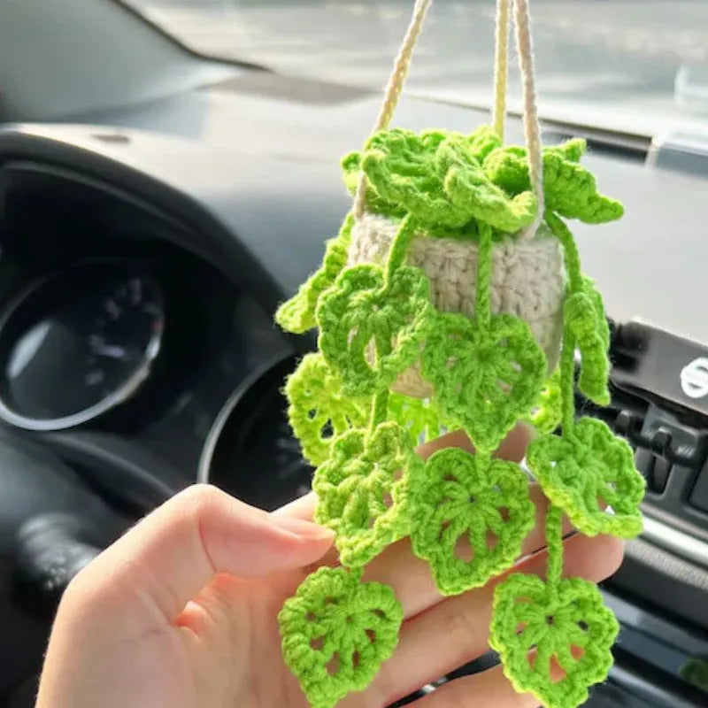 Green and white knitting wool car plant decoration with 8cm base and 25cm hanging rope