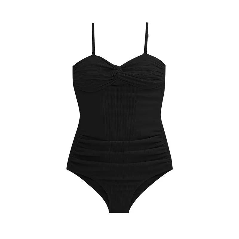 Women's black suspender-style one-piece swimsuit with high waist and push-up lining.