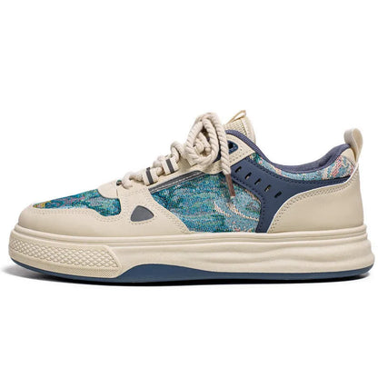 Men's flat-heel canvas casual shoes in Milan green and beige colour options.